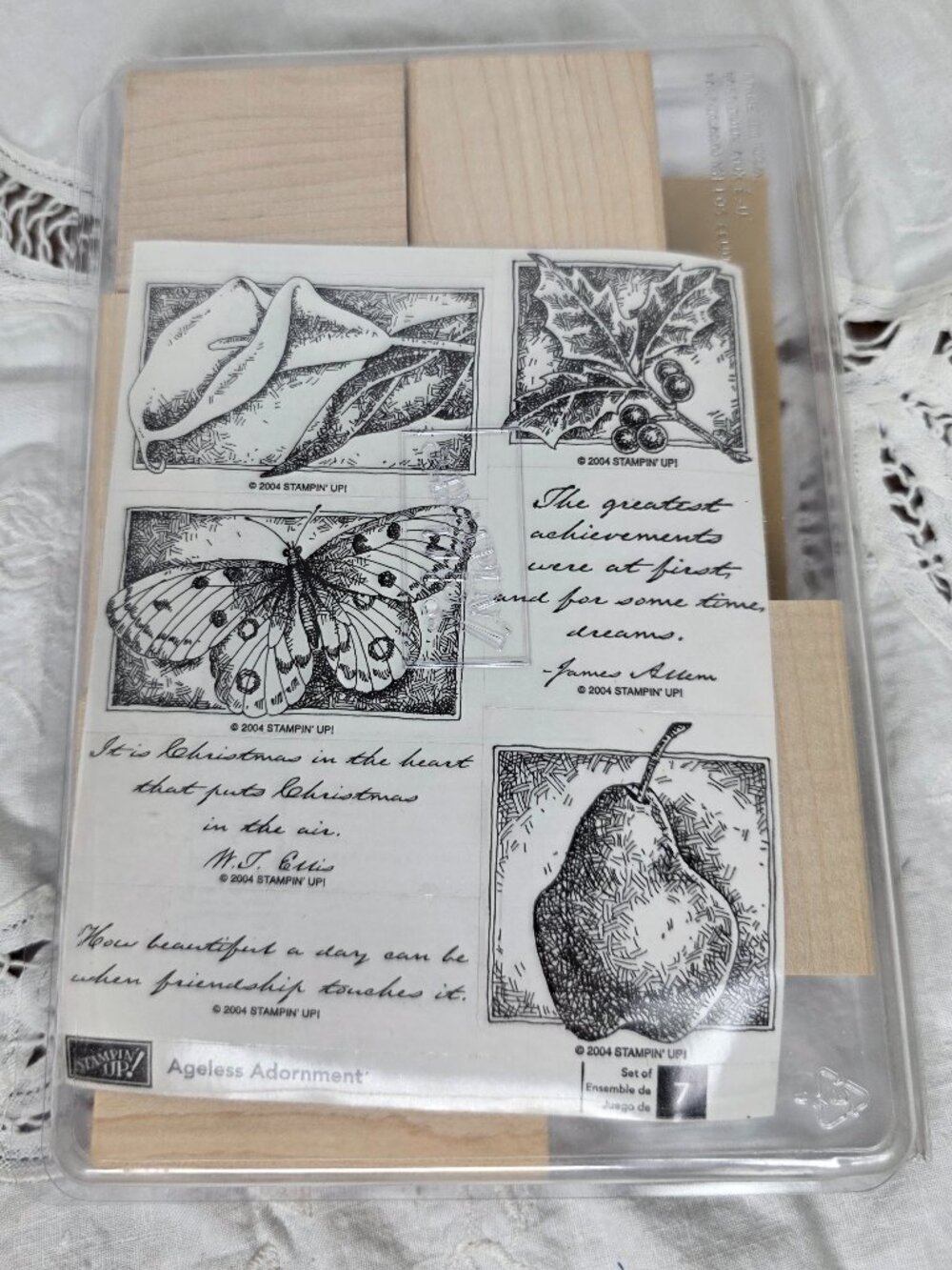 Stampin Up Ageless Adornment Set of 7 Uncut Wood Block Stamps 2004 Retired